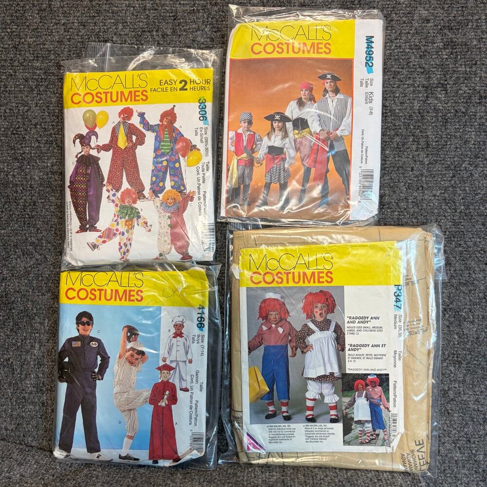 Lot 4 McCalls Kids Costume Sewing Patterns Raggedy Ann Pirate Clown Police 3306